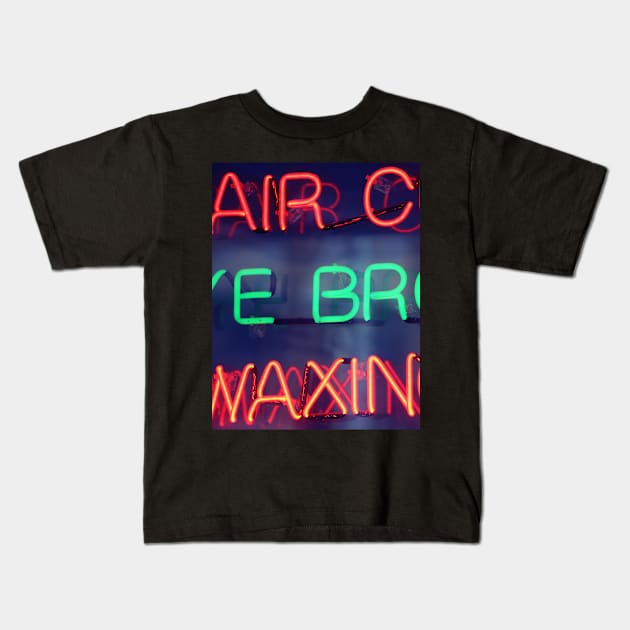 Hair color - eye brow waxing neon sign in NYC Kids T-Shirt by Reinvention